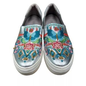Johnny Was Silver Metallic Embroidered Butterfly Slip On Sneakers Size 8